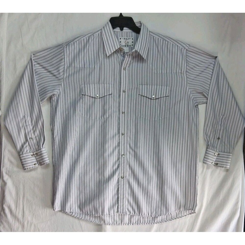 Vntg Crazy Cowboy XXL Western Shirt White Textured Stripe Rodeo Pearl Snap Men